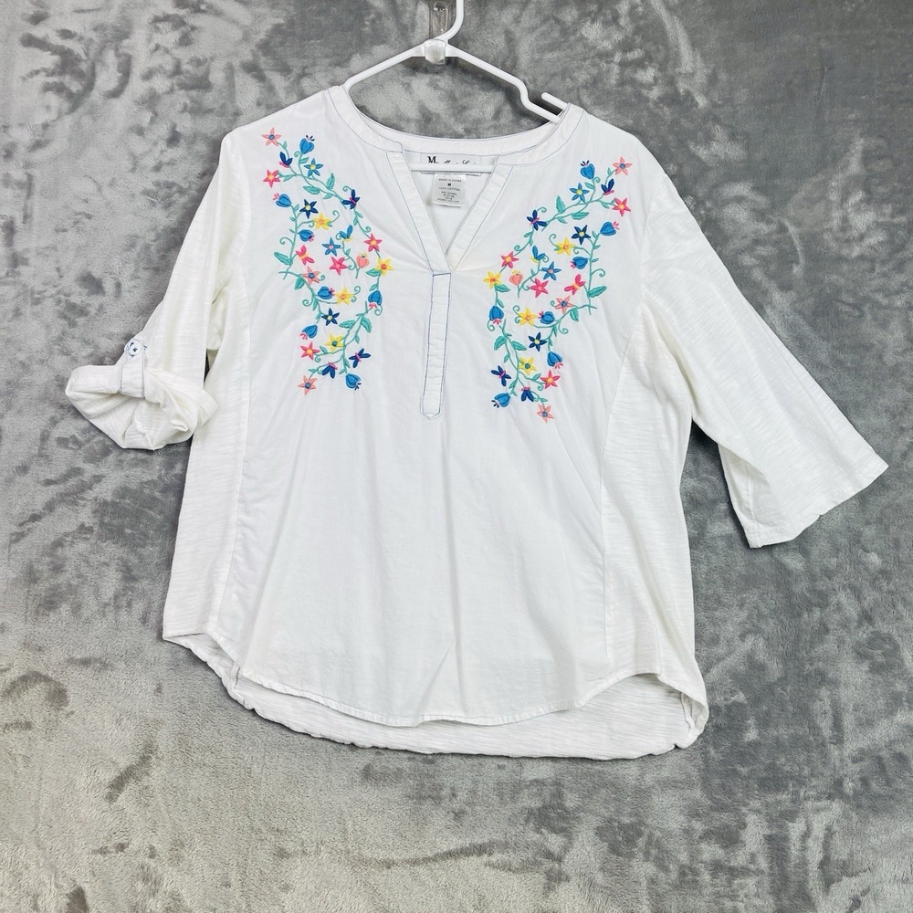 Vintage Maggie Sweet Womens Embroidered Blouse Top 3/4 Sleeve White‎ Size Med